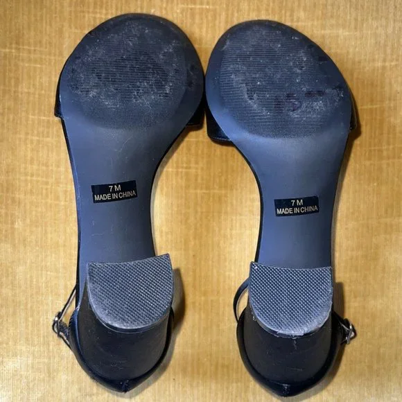 BADGLEY MISCHKA Mark and James Black Satin Block Heel JEWELED Ankle Strap 7 - Picture 7 of 10